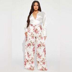 Fashion Nova Pink and Cream Wide Leg Pants